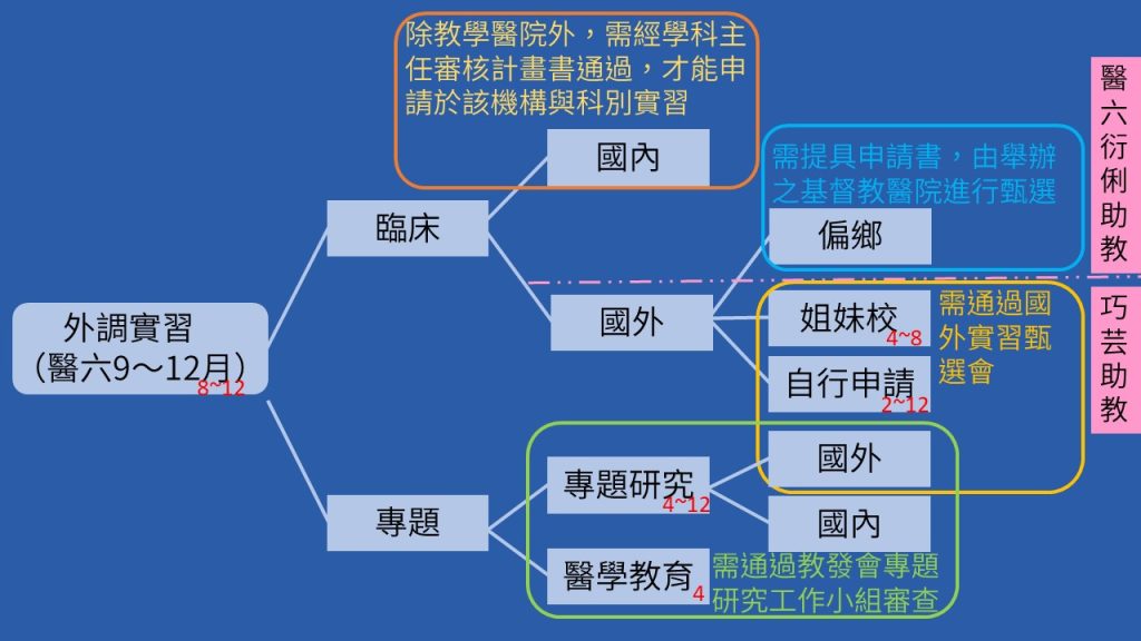 六年級外調實習說明,外調實習國內由衍俐助教負責,國外、國內專題研究及醫學教育研究由巧芸助教負責
